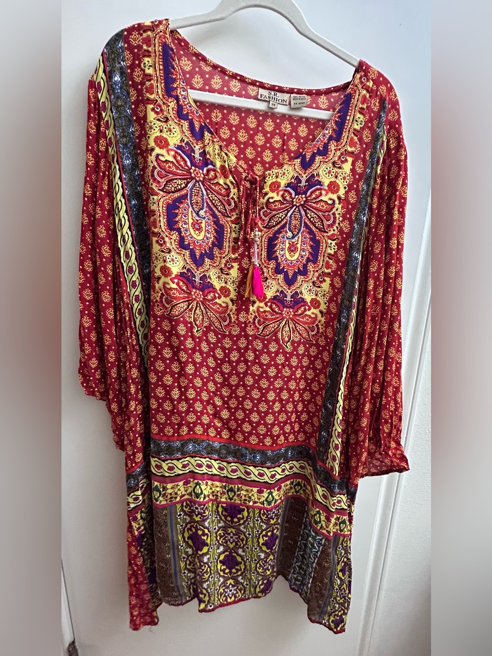 S.R.fashion Ethnic Boho Tunic Dress With Tassels. Multicolored, Size 3X